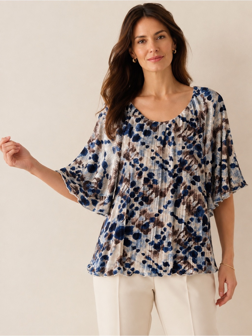 Chico’s NWT Silky Pleated Abstract Print Butterfly Sleeve Top Size 2 Large